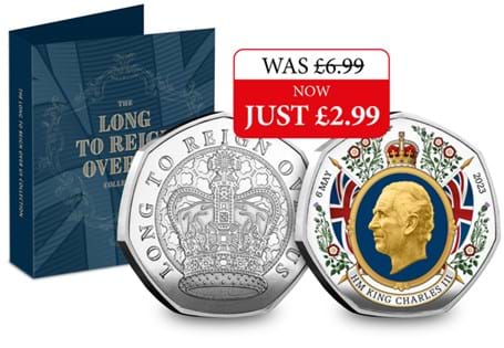 Own the commemorative celebrating the Coronation of King Charles III - featuring St. Edward's Crown and the text 'Long to Reign Over Us'.