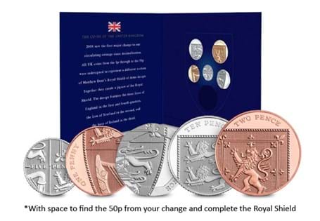 This is the Royal Shield Collector Pack, which has space to fit the 6 definitive UK coins from the 1p to the 50p. The pack comes with a UK Shield 1p up to 20p, with space to add the remaining 50p.