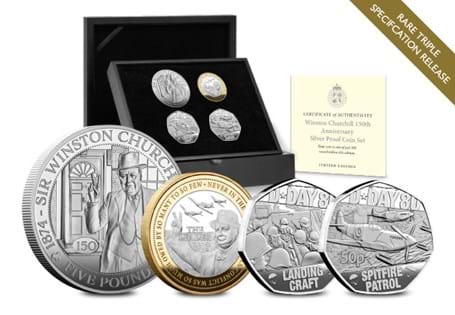 Your Churchill Silver Coin Set includes the Guernsey Sir Winston Churchill Silver Proof £5, the Jersey Churchill Silver Proof £2 and two D-Day 80th Anniversary Silver Proof 50ps issued by Jersey. 