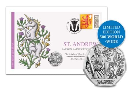 Issued to celebrate the Patron Saint of Scotland, St. Andrew. Featuring the 2024 Jersey St. Andrew BU 50p alongside a Country Definitive 1st Class stamp postmarked with St. Andrew's Day 2024. 