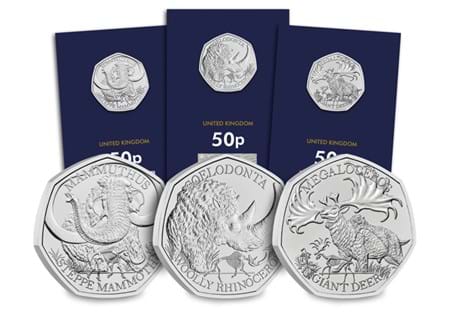 This 50p collection features three Ice Age Giants that once
roamed the Earth, including the Steppe Mammoth 50p, the Woolly Rhino 50p and the
Giant Deer 50p. 