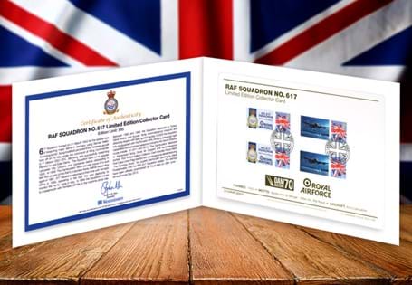 Limited Edition 22 Carat Gold Collector Card issued in conjunction with the 70th Anniversary of the Dambusters Raid. Features 4 first class Union Flag stamps with accompanying labels.
