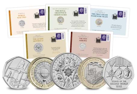 Featuring the 5 new commemorative coins released by The Royal Mint. Each coin is presented on a cover, with 1st class stamps postmarked on the coins issue date - 2nd January 2025. Just 250 worldwide.