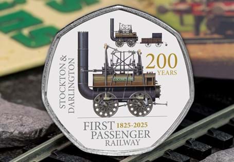 This specially-commissioned commemorative has depicts Stephenson's iconic Locomotion No. 1 and has been issued to mark 200 years since the first passenger railway entered service. 