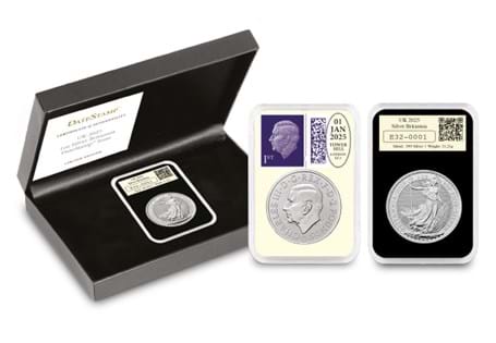 This UK 2025 1oz Silver Britannia DateStamp has been postmarked by Royal Mail for 1st January 2020. It comes in a wooden box, in a tamperproof capsule with a Certificate of Authenticity. EL: 500.
