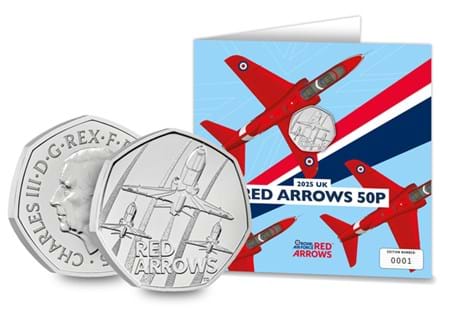 The Royal Mint have struck a new 50p coin to celebrate the 60th anniversary of the first Red Arrows aerobic display. It has been struck to a BU quality and displayed in a bespoke display card.