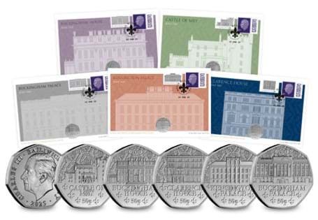 This set includes FIVE covers featuring 50p coins: Buckingham Palace, Buckingham House, Castle of Mey, Kensington Palace, Clarence House. They have been postmarked with the coins' issue date. EL: 200