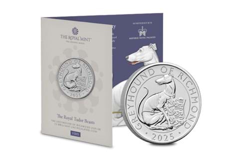 The UK 2025 Greyhound of Richmond Brilliant Uncirculated £5 coin pack from The Royal Mint. As part of The Royal Tudor Beasts Collection.