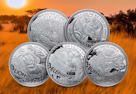 This unique silver 1oz five-coin set features impressive African animals with each coin measuring 70mm in diameter.