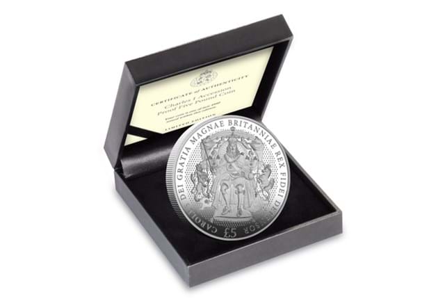 Charles I Accession Cuni Proof £5 Box Shot