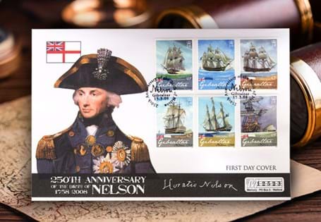 Official First Day Cover marking 250 years since Nelson’s birth, featuring six Gibraltar stamps and his iconic portrait. Postmarked 15th March 2008 – the official day of issue.