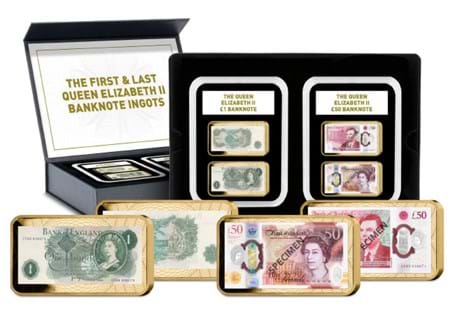 Your Queen Elizabeth II First and Last Banknote Ingot Pair features FOUR Gold-plated Ingots, depicting the front and back of the 1960 Bank of England £1 Note and the 2021 £50 Note. 