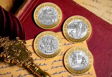 To mark 200th Anniversary of the first publication of Samuel Pepys' diary, this 4-coin £2 set has been issued, featuring him and key events from his diary. Sterling Silver with Proof Finish. EL: 495