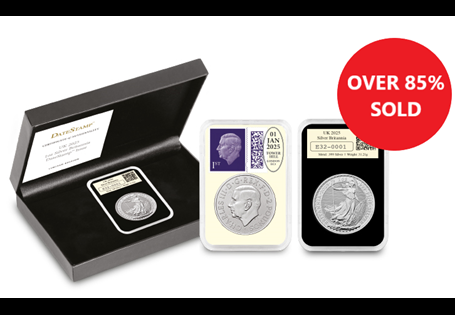 This UK 2025 1oz Silver Britannia DateStamp has been postmarked by Royal Mail for 1st January 2020. It comes in a wooden box, in a tamperproof capsule with a Certificate of Authenticity. EL: 500.