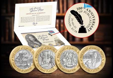Marking 200th Anniversary of the first publication of Samuel Pepys Diary this cover features 4x £2 coins Samuel Pepys inspired coins. Struck to a BU quality and postmarked with his death 26/05/25