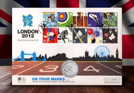 Issued in 2009 by The Royal Mint, the £5 Coin features two swimmers. This First Day Cover has been postmarked on the 22/10/09 and features 10 Royal Mail 1st Class Olympic Stamps.