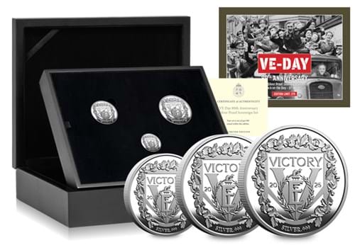 VE Day Sovereign Silver Set Without Medals BOX TWC