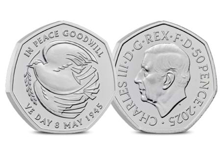 The UK 2025 Brilliant Uncirculated 50p released by The Royal Mint for the 80th Anniversary of VE Day.