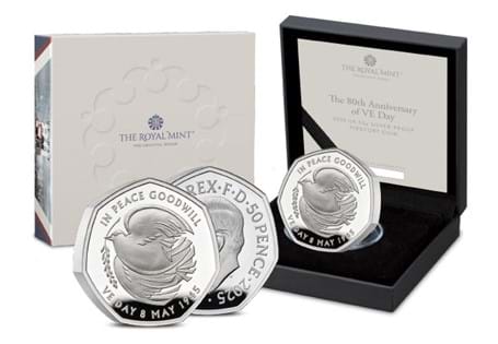 The UK VE Day 80th Anniversary Silver Piedfort 50p coin. 