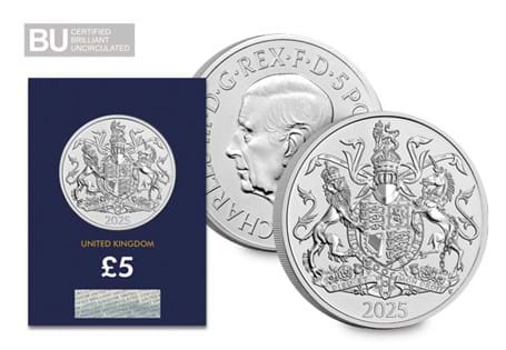 This £5 coin features the Royal Coat of Arms of King Charles III. It has been struck to a Brilliant Uncirculated quality and protectively encapsulated in official Change Checker packaging.