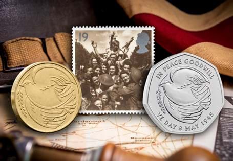 This VE Day coin and stamp set brings together the 1995 £2 and 2025 VE Day coins, alongside Royal Mail's official Peace and Freedom stamp issued in 1995