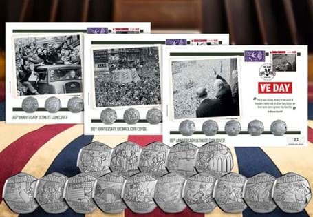 These ultimate 50p covers feature all 15 VE Day 80th Anniversary 50p Coins. Each cover features an UK 1946 VE Day Stamp alongside a 2025 Isle of Man VE Day Stamp, postmarked 8th May 2025. EL 495