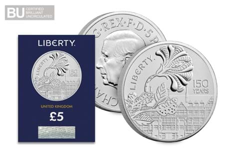 The Royal Mint has issued a £5 to celebrate 150 years of the Liberty department store. It is struck to a Brilliant Uncirculated quality and protectively encapsulated in Change Checker packaging.
