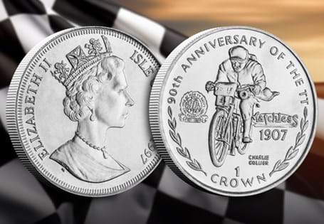 This Cupro-Nickel 1 Crown coin was issued by the Isle of Man in 1997 to mark the 90th anniversary of the Tourist Trophy Races. It features Charlie Collier in 1907, commemorating the very first TT race