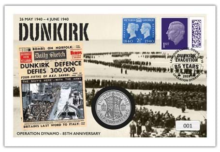A cover issued to mark the 85th Anniversary of Dunkirk with a 1940 Half Crown, 1st Class Royal Mail stamp and original wartime postage stamp. Postmarked for the anniversary: 26/05/2025 EL: 1940