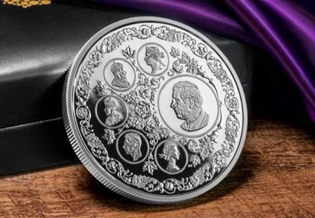 The Canada 2025 Legacy of the Crown coin. Struck from pure silver to a Proof finish. Featuring six effigies, one for each of the reigning monarchs who appeared on post-Confederation Canadian coinage.