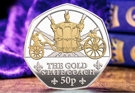 Struck from Sterling Silver with selective 24 Carat Gold-plating and a Proof finish. The Gold State Coach 50p has been issued to commemorate 200 years since the Royal Mews were built. 