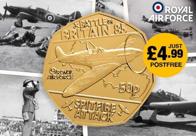 2025 Battle Of Britain BU (Guernsey) Gold Plated 50Ps Vsc Starter Spitfire And Oi Badge Product Images 2