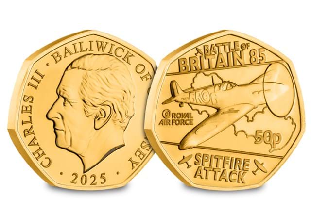Battle Of Britain BU (Guernsey) Gold Plated 50Ps Spitfire Attack OBV REV
