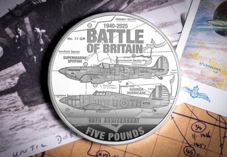Commemorating the 85th anniversary of the Battle of Britain, this limited edition £5 coin is struck in Pure Silver to a Proof finish. It features a Spitfire & Hurricane over the English Channel.