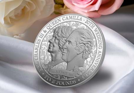 This Silver £5 coin, issued to mark the 20th Anniversary of King Charles and Camilla's wedding. Struck from Sterling Silver to a Proof Finish. Featuring a portrait of the pair. With CoA. EL.: 995