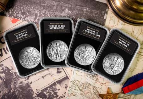 This four coin set houses Monnaie de Paris' 10 Euro Silver Proof coins depicting VE day celebrations in countries that were liberated at the end of the Second World War. 