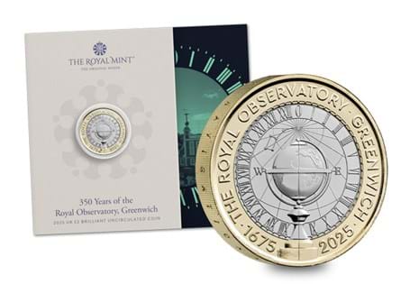 This Brilliant Uncirculated UK £2 coin marks the 350th anniversary of the Royal Observatory in Greenwich. Comes in official Royal Mint packaging.