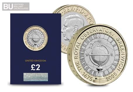The Royal Mint has issued a £2 coin to celebrate the 350th anniversary of the Royal Observatory, Greenwich. It is struck to a Brilliant Uncirculated quality and protectively encapsulated. 