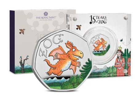This Silver Proof 50p with the addition of vivid colour detailing marks 15 years of the story of Zog the dragon, written by Julia Donaldson. Comes in official Royal Mint packaging.
