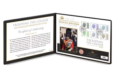 This year on the 14th June, we celebrate His Majesty's Trooping the Colour. This special gold cover is being released featuring the UK 2025 Gold Sovereign, alongside six Royal Mail stamps.