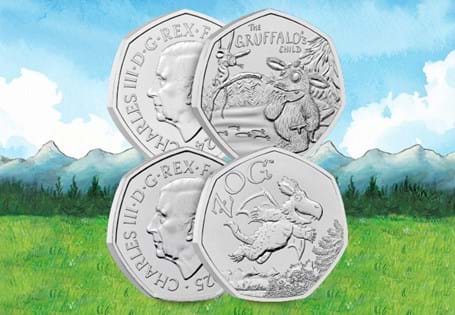This coin pair features the 2025 Zog 50p and the 2024 Gruffalo's Child 50p. Both coins are struck to a Brilliant Uncirculated quality and arrive protectively encapsulated.