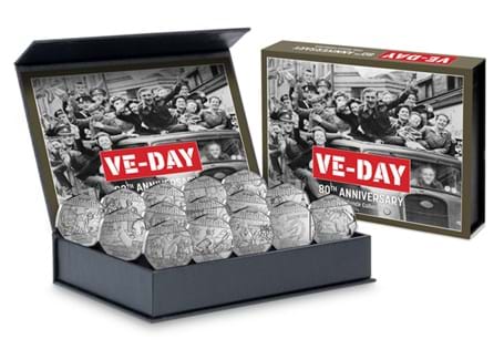 This set has been issued to mark the 80th Anniversary of VE Day. Included are fifteen Brilliant Uncirculated50ps issued by Jersey, Guernsey and the Falkland Islands. Edition Limit: 29,995