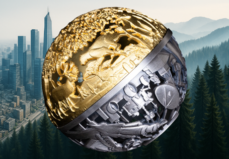 This 2oz Silver coin symbolises the balance of nature's vitality and humanity's technological process. Struch with both 24 Carat Gold Plating and antique finishing. EL 1499.