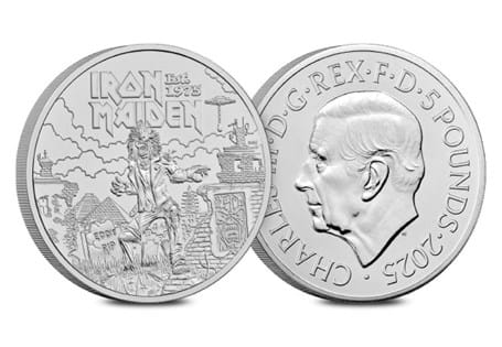 This Brilliant Uncirculated UK £5 coin has been issued to celebrate the 50th anniversary of Iron Maiden's formation in 1975. Comes in official Royal Mint packaging.