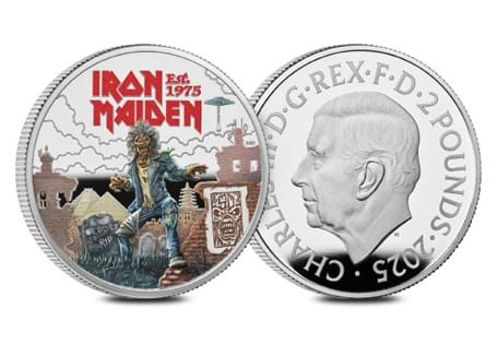 This 1oz Silver Proof £5 coin with selective colour printing has been issued to celebrate the 50th anniversary of Iron Maiden's formation in 1975. Comes in official Royal Mint packaging.