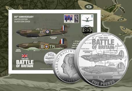 This cover features the Guernsey 2025 Battle of Britain £5, struck from Sterling Silver alongside a UK 1965 9d and a 2009 Spitfire1st Class Stamp. The cover has been postmarked on the 10th July 2025.