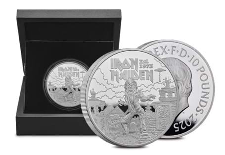 This 5oz Silver Proof £10 coin with selective colour printing has been issued to celebrate the 50th anniversary of Iron Maiden's formation in 1975. Comes in official Royal Mint packaging.