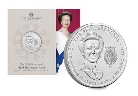 This Brilliant Uncirculated UK £5 coin marks the 75th birthday of Princess Anne. Comes in official Royal Mint packaging.