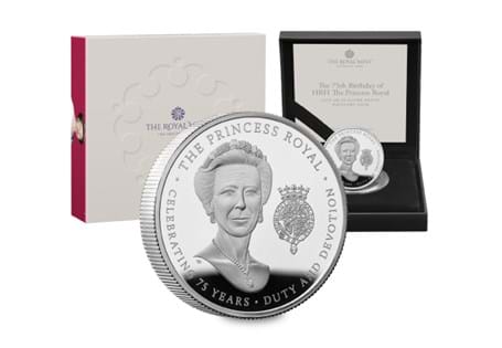 This Silver Piedfort UK £5 has been released to mark the 75th birthday of Princess Anne. Comes in official Royal Mint packaging.