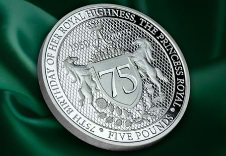 To mark the 75th Birthday of Princess Anne this £5 Proof Coin is being released. It features a new design featuring elements related to Princess Anne: number 75, two heralding horses, Festoon Tiara.